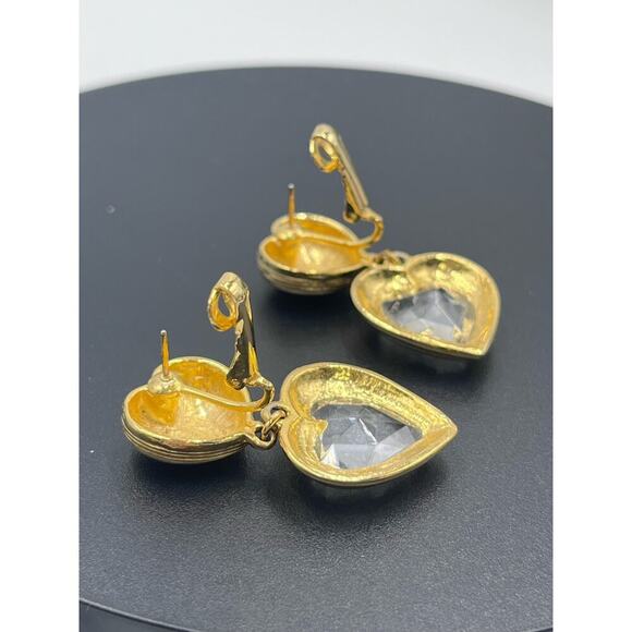 Gold Tone Unsigned Faceted Heart Dangle Clip On Earrings High End - Picture 11 of 13